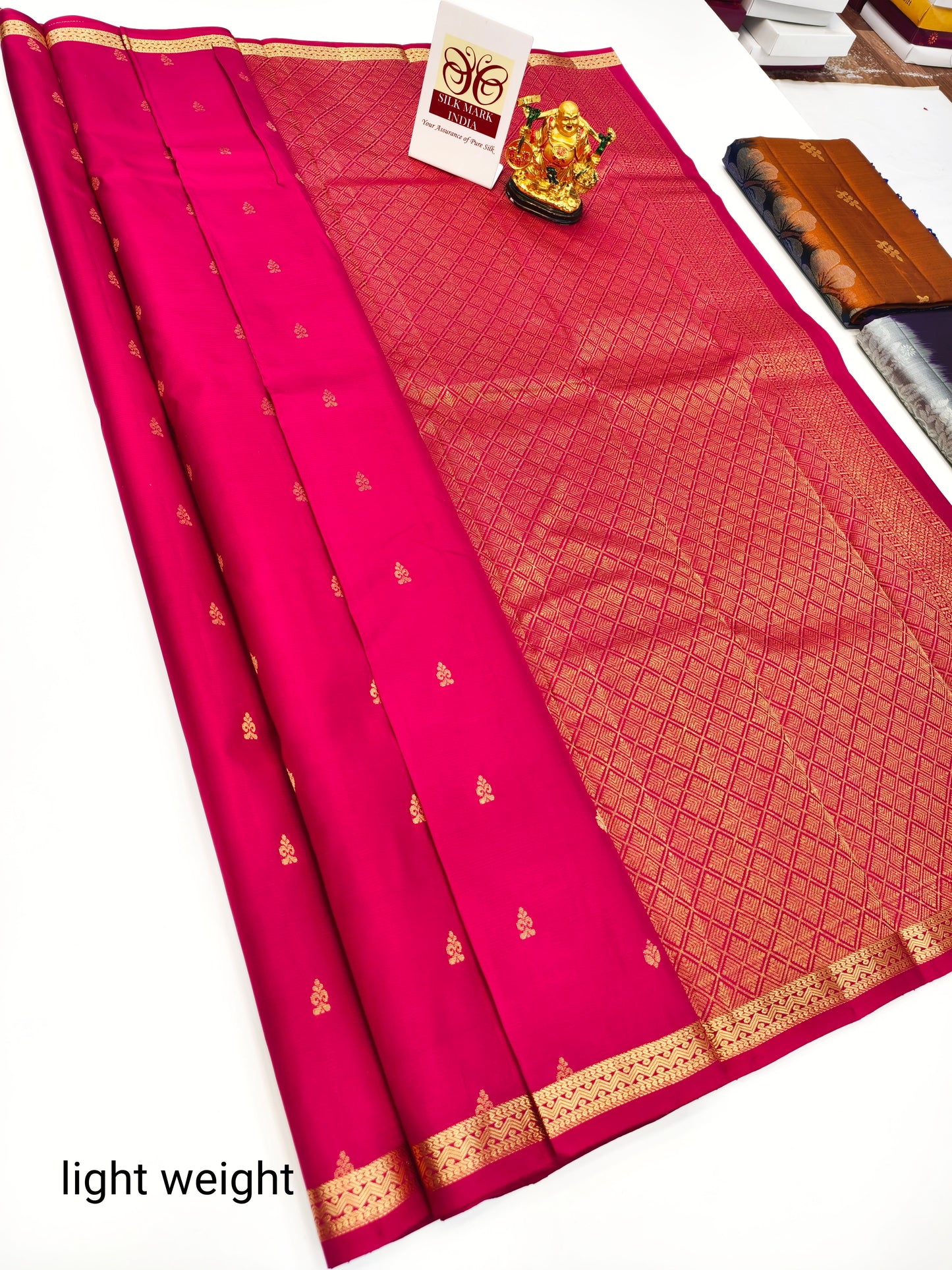 Dark Pink Pure Kanchipuram Soft Silk Saree with Mini Gold Border Silk-Mark Certified