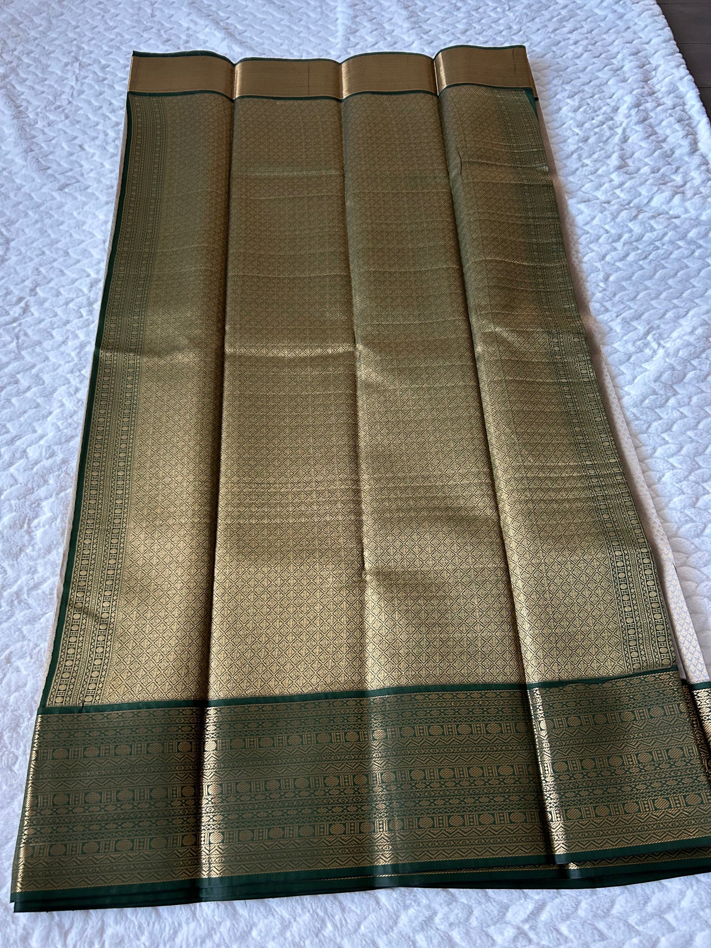 Kanchipuram Premium Semi Silk Saree – Ivory with Bottle Green Contrast Border