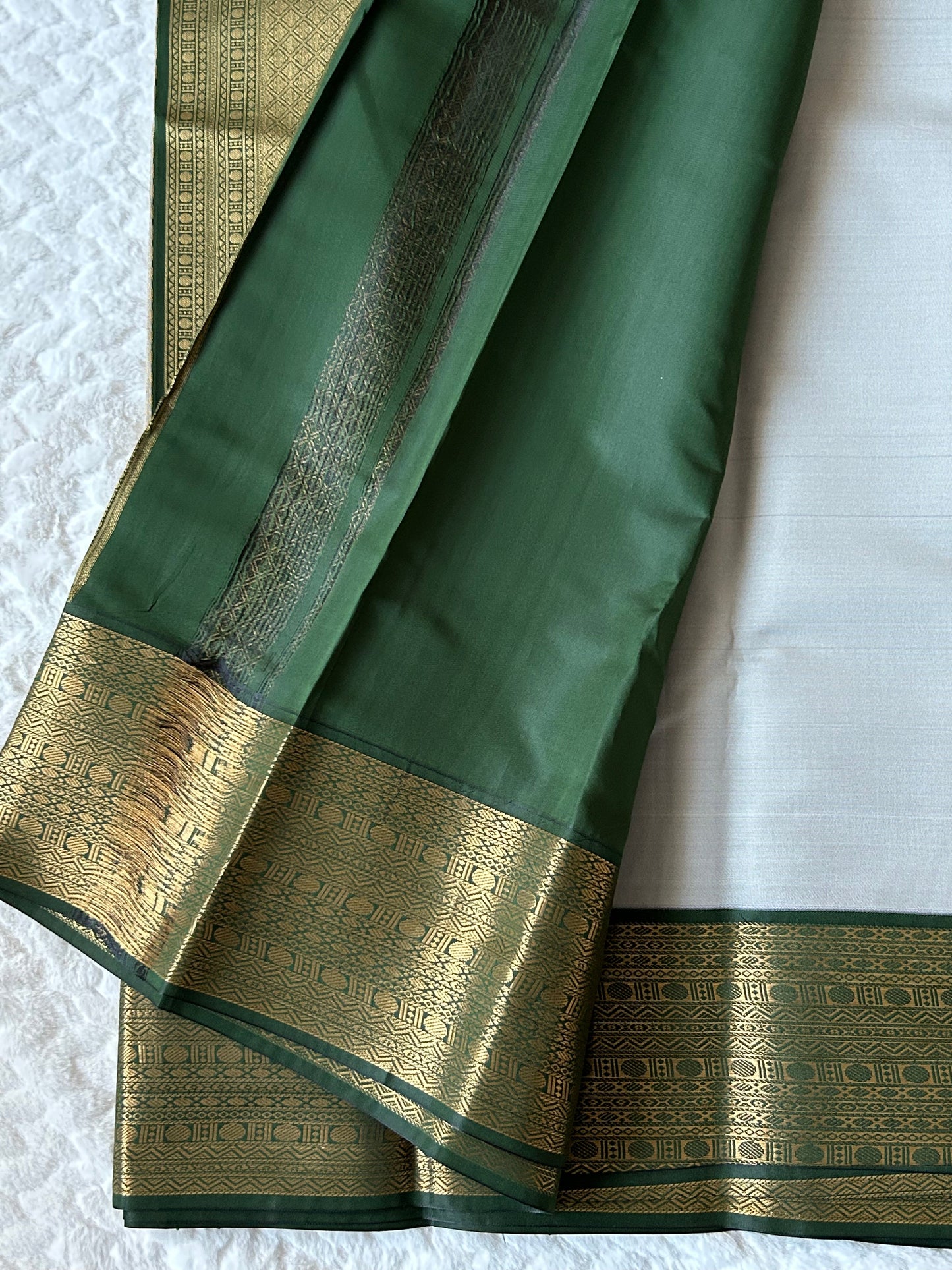 Kanchipuram Premium Semi Silk Saree – Ivory with Bottle Green Contrast Border
