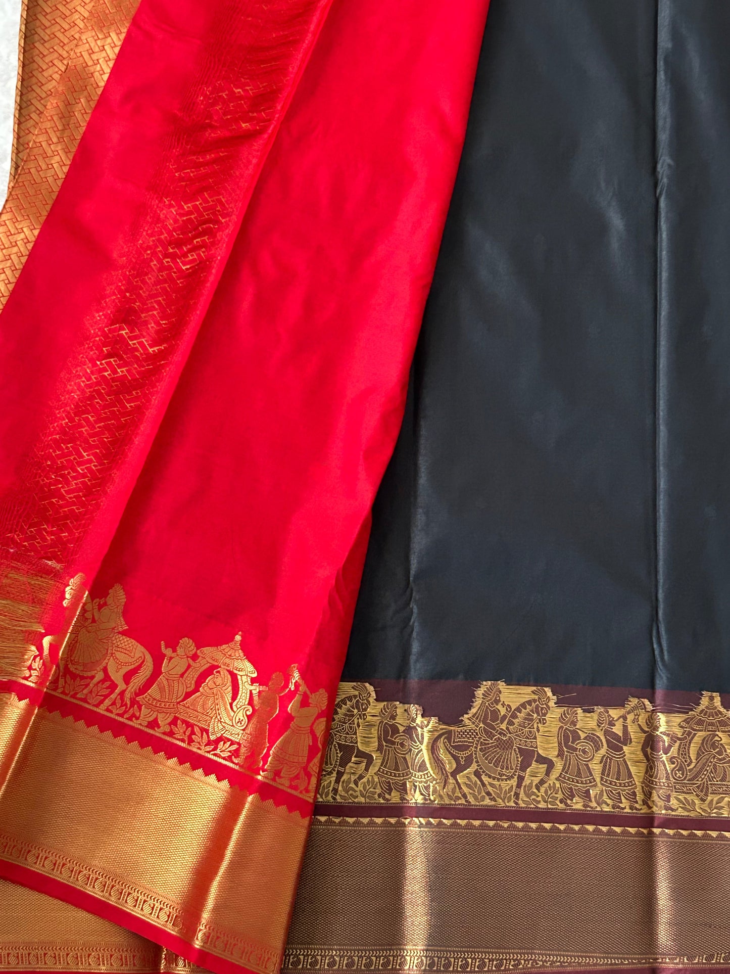 Kanchipuram Premium Semi Silk Saree – Black with Maroon/Red Contrast Border