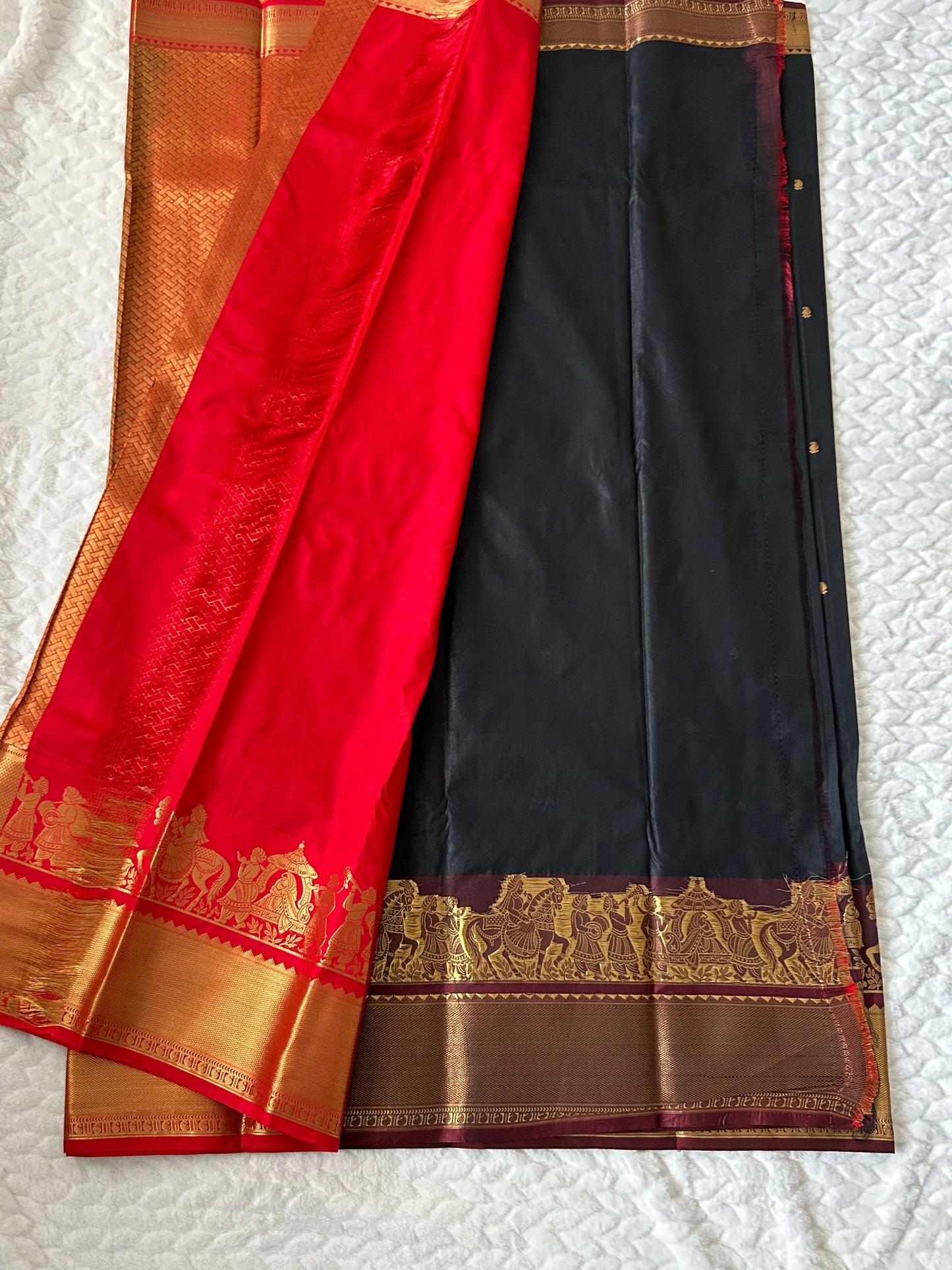Kanchipuram Premium Semi Silk Saree – Black with Maroon/Red Contrast Border