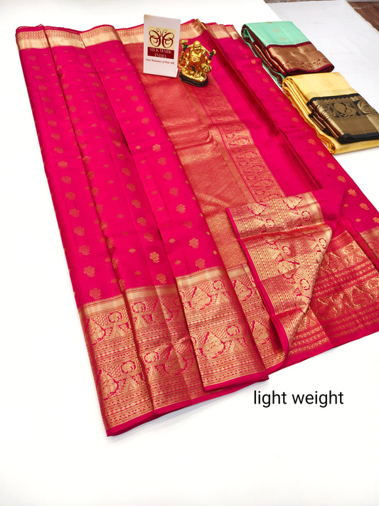 Dark Pink Pure Kanchipuram Silk Saree with Gold Border – Silk Mark Certified