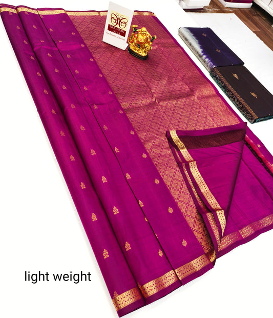 Magenta Pure Kanchipuram Silk Saree with Mini Gold Border – Silk Mark Certified