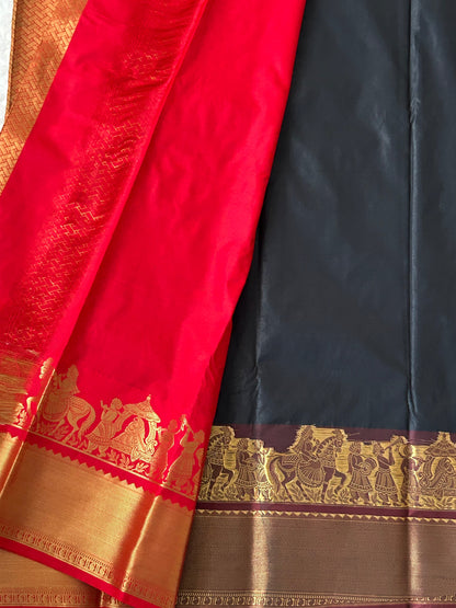Kanchipuram Premium Semi Silk Saree – Black with Maroon/Red Contrast Border